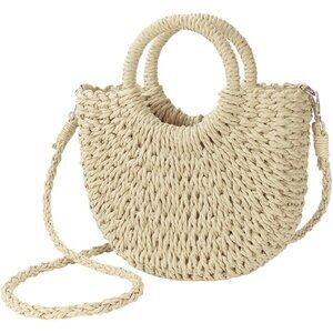 Women's Beige Straw Beach Woven Cross Body Shoulder Top Handle Satchel Handbag